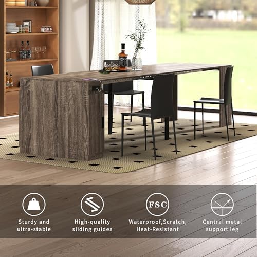 Extendable Dining Table, Expandable Console with Storage & Power Outlets, Space Saving Folding Table for 10-12 People, Modern Dining Furniture, Grey