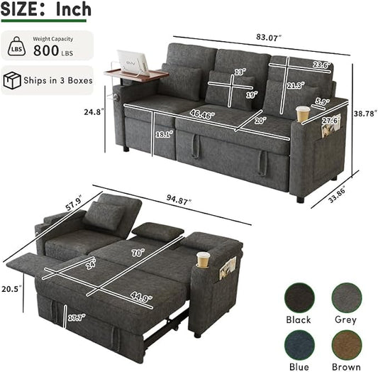 83" Recliner Sofa Bed, 3-in-1 Chenille Sleeper Sofa, Pull Out Couch Adjustable Backrest, USB, Side Pocket, Table, Cup Holder, Cloud Couch for Living Room, Apartment, Small Space, Dark Gray