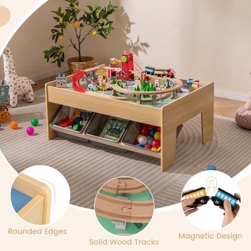 Costzon Train Table, 3-in-1 Wooden Activity Table W/ 3 Storage Bins (Gray)