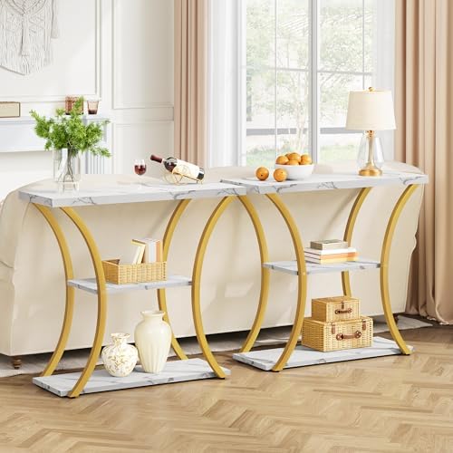 Hoctieon 3 Tier Console Table with Open Wood Shelves, Decorative Entryway Table with Curved Metal Frames, Narrow Sofa Table for Entrance, Living Room, Hallway, Gold and White Marbled