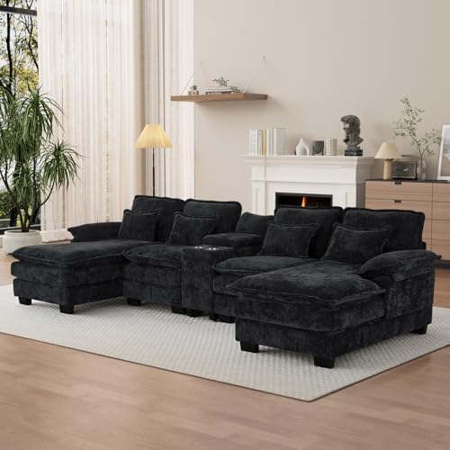 OUYESSIR 132" U Shaped Cloud Sectional Couch with USB Port, Dark Black