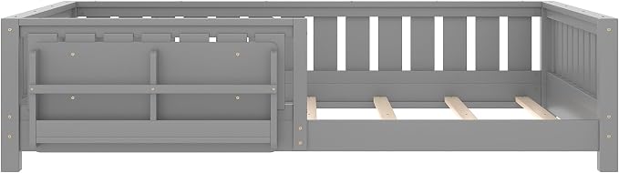 Bellemave Queen Size Floor Bed with high Rails and with Built-in Bookshelf for Kids, Girls, Boys, Wood Montessori Floor Bed Without Door, Gray
