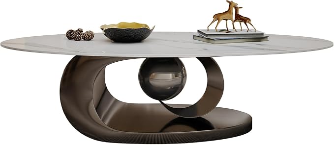 Modern Oval Stone Coffee Table with Gray Metal Base - Elegant Centerpiece for Stylish Living Rooms - 49.2" Lx27.6 Wx15.8 H