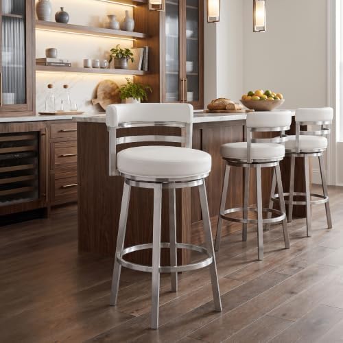 Armen Living Madrid 30" Seat Height Swivel White Faux Leather and Brushed Stainless Steel Bar Stool for Kitchen Island Counter