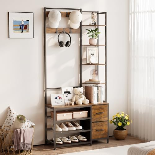 GiftGo Hall Tree with Shoe Storage 31.5" Entryway Coat Rack with 4 Shelves Floor Standing Clothes Rack Shoes Shelf Organizer for Home Office Bedroom