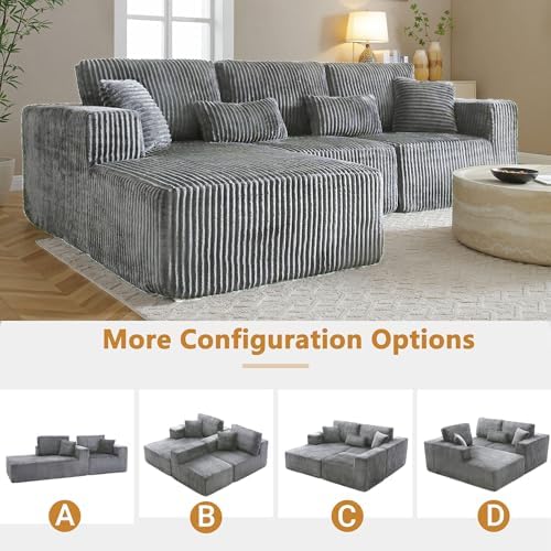 110" Cloud Boneless Couch, L-Shaped Sectional Sofa for Living Room, Grey