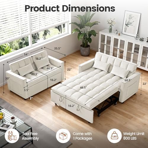 3 in 1 Convertible Sofa Bed, Loveseat Sleeper Sofa with Large Side Pockets, Pull Out Couch with Adjustable Backrest, Easy Assembly, Velvet Couch Bed for Small Spaces, Apartment, White