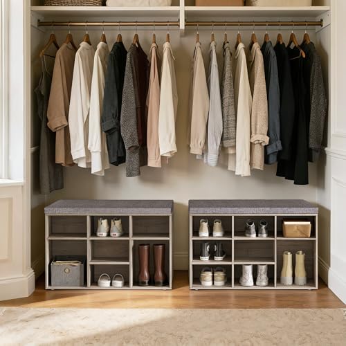 Shoe Storage Bench with Cushion, 31.5" Cubby Shoe Rack, 9 Cubbies