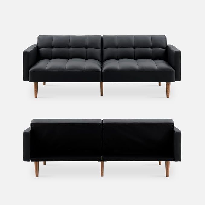 mopio 76.4" Futon Sofa Bed, Couch, Loveseat, Sleeper Sofa, Mid Century Modern Futon Couch, Sofa Cama, Couches for Living Room (Aaron PU, Midnight Black)