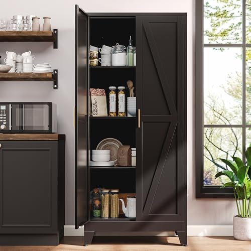 61"H Black Pantry Kitchen Cabinet with Doors,Black Storage Cabinets,Freestanding Pantry Cabinet,Farmhouse Food Storage Cabinets,Tall and Large Pantry Cabinets for Kitchen, Dining Room, Living Room
