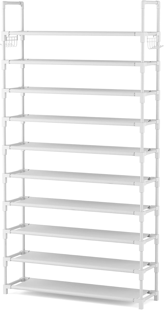 VTRIN 10 Tiers Shoe Rack Tall Large Capacity Wide Shoe Organizer Sturdy Shoe Shelf for Entryway with Two Hooks Metal Shoe Storage for Closet, Bedroom, White