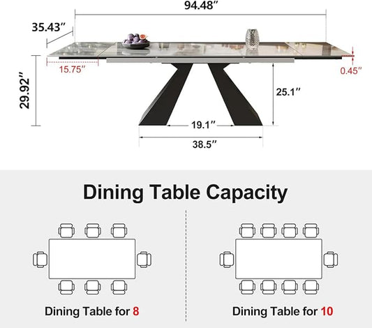 Modern Telescoping Dining Table for 8-10 People, 63-94.5 Inch Retractable Italian Grey Faux Marble Tabletop Thick Carbon Steel Base for Dining Room Kitchen Family Party