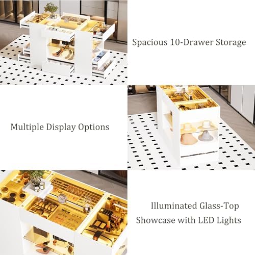 Kikihouse Modern Closet Island with 10 Drawers with LED (White+Amber Glass)