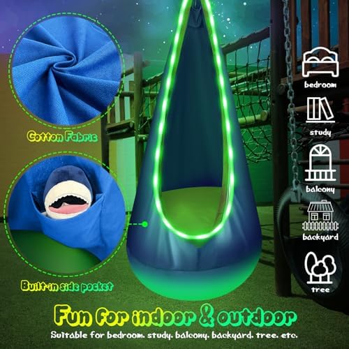 Light Up Kids Pod Swing Seat, Upgraded Kids Hanging Hammock Swing with LED Lights, Cotton Sensory Pod Swing Chair with Inflatable Pillow, Pod Swing for Kids Indoor & Outdoor (1 PCS) (Blue)