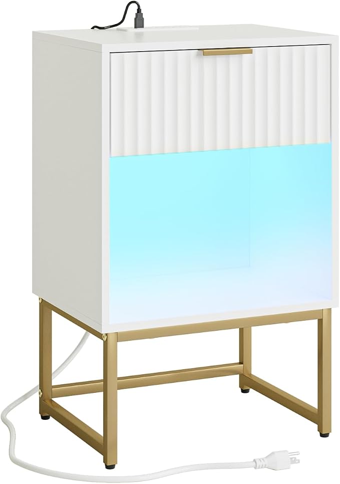 Masupu Fluted Nightstand with Charging Station and LED Lights,Modern Night Stand Wood Bedside Table with Storage Drawer Side End Table for Bedroom, Office,White