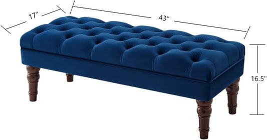 24KF Velvet Upholstered Buttons Tufted Entryway Bench with Solid Wood Leg,Bed Bench Ottoman with Padded Seat,5061N-Navy