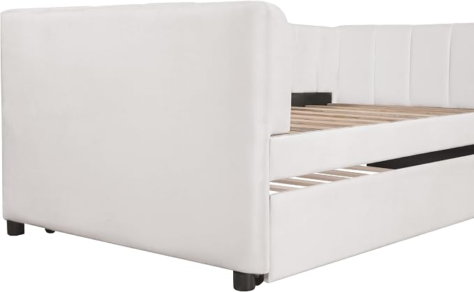 Merax Twin Daybed with Trundle, Upholstered Wooden Sofa Bed Frame with Simple Line Design, Beige