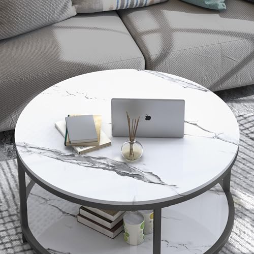 WiberWi Round Coffee Table 33.5" Coffee Tables for Living Room High Glossy Faux White Marble Top Modern Circle Table Sturdy Metal Frame Legs Cocktail Table with Storage Open Shelf