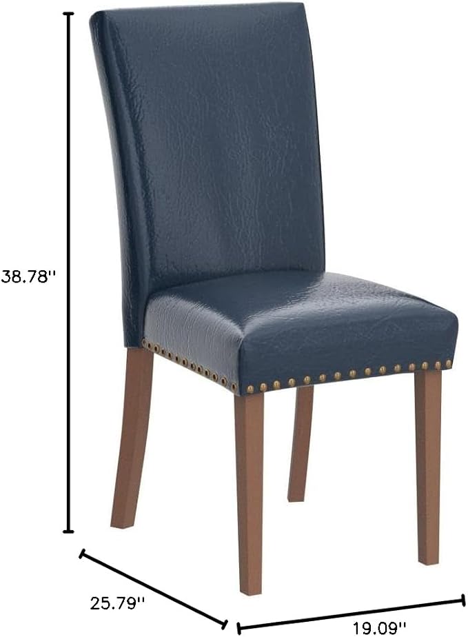 COLAMY Upholstered Parsons Dining Chairs Set of 4, PU Leather Dining Room Kitchen Side Chair with Nailhead Trim and Wood Legs - Blue