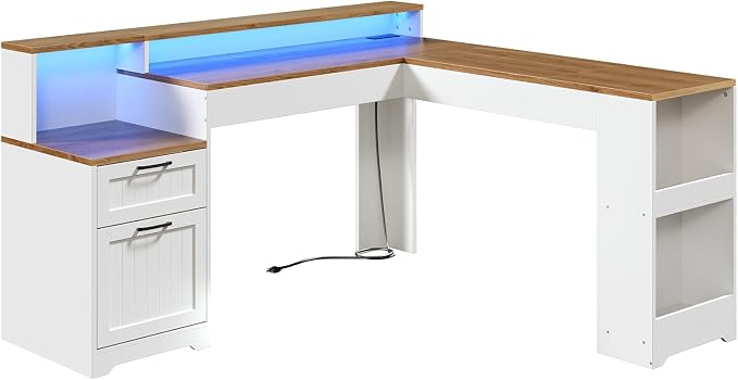 Farmhouse 63" L Shaped Standing Desk, Corner Computer Desk with Drawers, Office Desk with File Drawers with RGB Lighting & Charging Station, Monitor Stand and Storage Shelves, White and Walnut