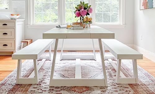 Plank+Beam 60 Inch Farmhouse Dining Bench, Solid Wood Entryway Bench, Wooden Outdoor Bench, Kitchen Dining Seat, Dining Room, Home Office, Living Room Furniture, Easy Assembly, White Wirebrush