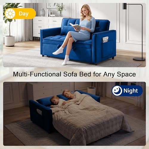 53" Sofa Bed, Velvet 3-in-1 Pull Out Couch & Loveseat Sleeper Sofa, Compact Convertible Folding Couch with Adjustable Backrest for Small Spaces (Blue)