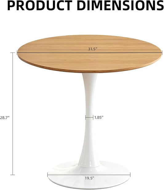 Round Dining Table, 31.5" Circle Tulip Table with Thickened Tabletop & Metal Pedestal, Mid Century Modern Bistro Table for Kitchen, Small Places, Living Room, Cafe (Faux Oak)