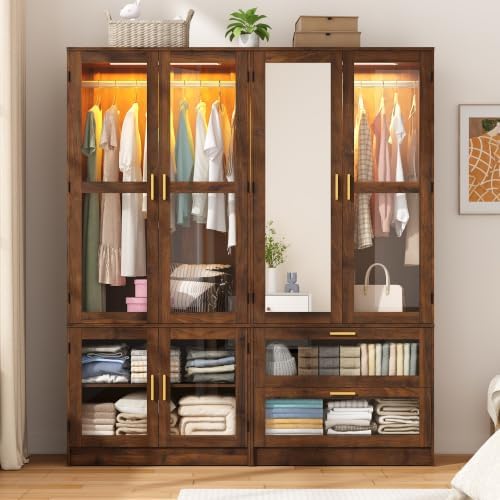 Armoire Wardrobe Closet with Sensor LED Light and Mirror(3 Doors Walnut)