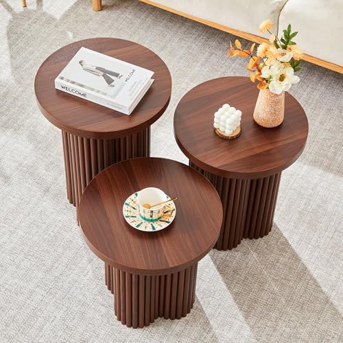 Round Nesting Coffee Table Set of 3 Fluted Coffee Table (Walnut)