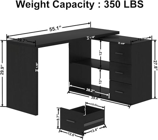 HSH Black L Shaped Computer Desk with Drawers, Home Office Desk with Storage Cabinet Shelves, Reversible Corner Wood Writing Desk for Executive Work Study, Large Bedroom Computer Table, 55 Inch
