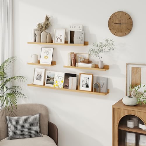 48 Inch Floating Shelves with Lip, Set of 3 - Oak - Wall Mounted Shelves for Storage and Display - Engineered Wood - 22 lbs Weight Capacity