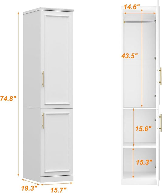 FUFU&GAGA Narrow Wardrobe Closet with 2 Doors, Modern White Bedroom Armoire with Gold Handles, Modern Clothes Storage Cabinet with Shelves, Hanging Rod, 15.7”W x 19.3”D x 74.8”H