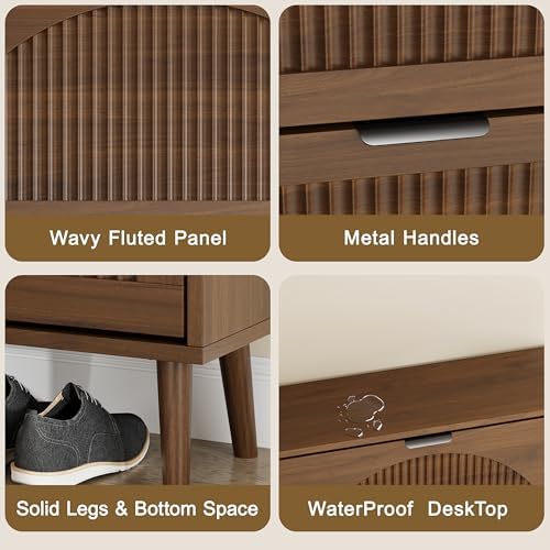 Fluted Shoe Cabinet with 2 Flip Drawers, Narrow Wood Shoe Storage Cabinet, Slim Shoe Rack for Entryway, Freestanding Shoe Cabinet for Living Room, Hallway, Walnut
