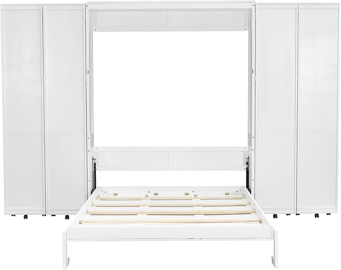 MERITLINE Queen Murphy Bed Cabinet with Storage Bookshelf Bookcase, Wood Hidden Foldable White Murphy Wall Bed with Storage Shelves for Adults