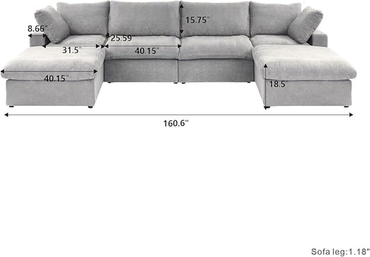 Cloud Modular Sectional Sofa,160.6" U-Shaped Convertible Couch with Storage Ottoman for Living Room, Minimalist Deep Sofa Couches, Sofa Covers Washable&Replaceable, Grey