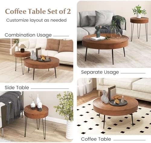 GIANTEX Boho Round Coffee Table Set of 2, Sofa Side Nesting Table with Solid Pine Wood Top, Metal Legs & Adjustable Foot Pads, 31.5" D Large Table Set for Living Room (Ring Pattern, Brown)