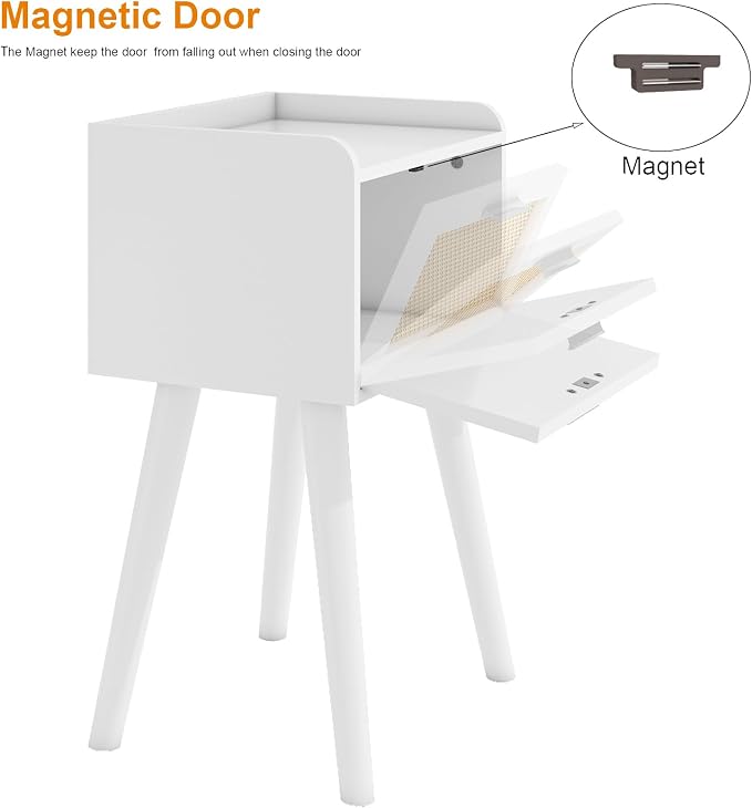 LAATOOREE Nightstand Set of 2, Small White Bedside Table, End Table with Rattan Door, Boho Side Table with Solid Wood Legs for Bedroom Living Room Small Space
