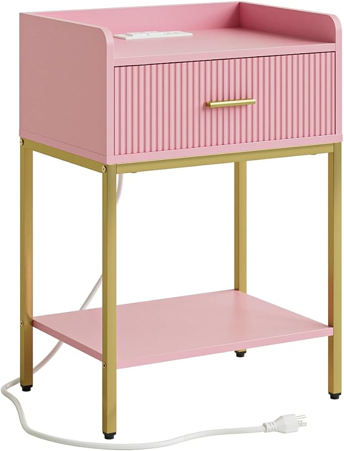 Nightstand with Charging Station, 3-Tier Bed Side Table, Small End Table, Night Stand with Open Shelf and Drawer, Bedside Table for Bedroom, Living Room, Pink