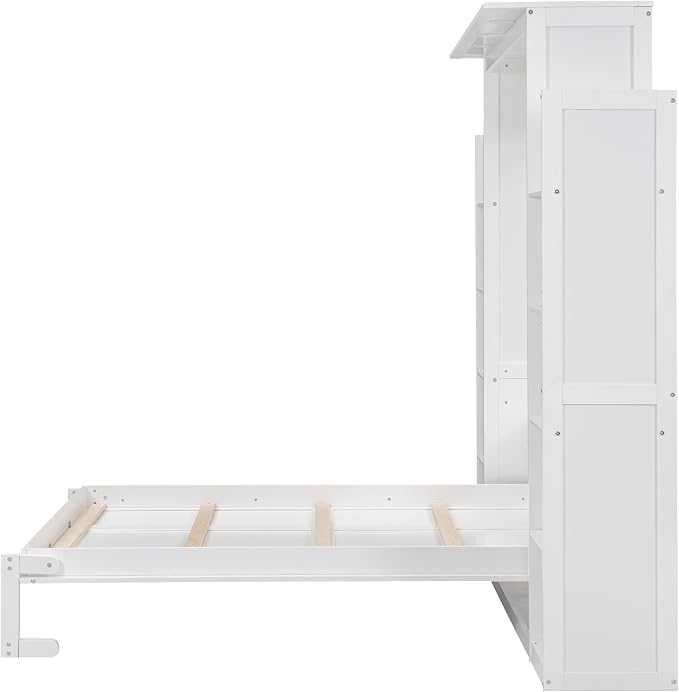 MERITLINE Full Murphy Bed Kit with Storage 8 Shelves and LED Lights, Wood Murphy Bed Cabinet Murphy Bed in a Cabinet White Murphy Wall Bed Units Full Size, LP00069