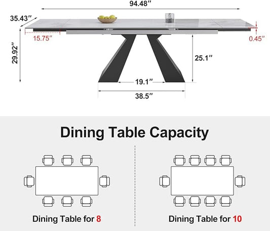 Marble Expandable Table 63 to 94.5 Inch Expansion Sintered Stone Table for 6-10 People, Scratch Resistant Heat Resistant Easy Clean, Kitchen Living Room Folding Dining Table