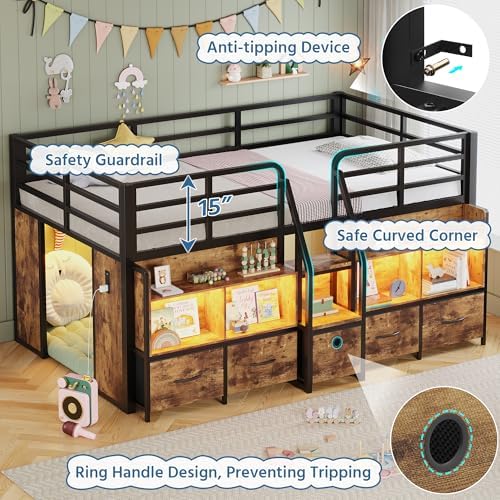 Twin Low Loft Bed, 5 Drawers & 6 Bookcases, LED and Charging Station, Brown