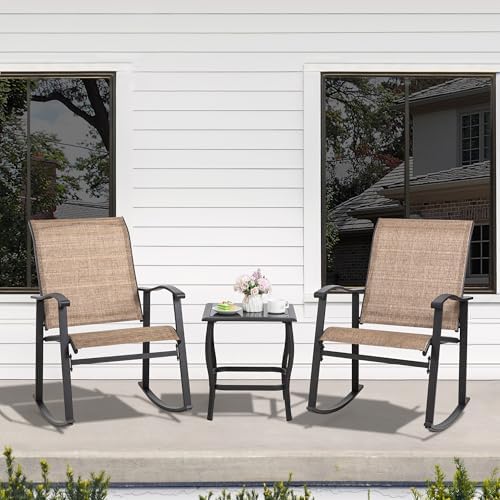 Shintenchi Rocking Chair Outdoor with Table, 3 Piece Rocking Patio Bistro Set, Outdoor Furniture Set with Metal Frame and Textilene Fabric for Small Space, Brown