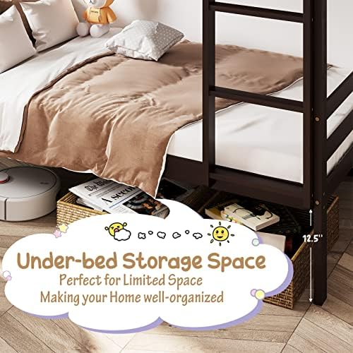 KOMFOTT Wood Bunk Bed Twin Over Twin, Bunk Bed with Ladder & Safety Guardrail, Solid Wood Bed Frame, Ideal for Dormitory & Multiple-Child Family, No Box Spring Needed, Kids Twin Bed