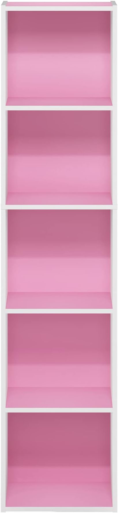 Furinno PASIR Book Shelf, 5-Tier Modern Bookshelf, Open Shelves Bookcase 9 x 12 x 52, Easy Assembly, for Living Room, Bedroom, Home Office, Pink/White