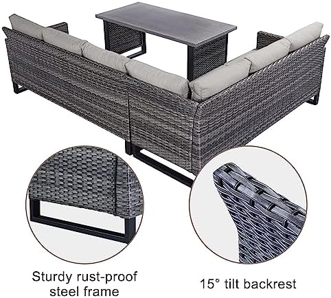 Belord Outdoor Sectional Sofa 6 Seater L Shaped Couch Wicker Patio Conversation Furniture Set Rattan Outdoor Furniture with Removable Washable Cushion Beige