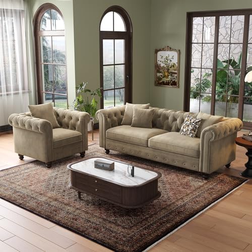 ONBRILL 82 Inch Chesterfield Sofa, 23 Inch Deep Seat Velvet Couch for Living Room, Button Tufted Couch with Rolled Arms, 2 Throw Pillows, Comfy Vintage Loveseat Sofa for Apartment, Taupe