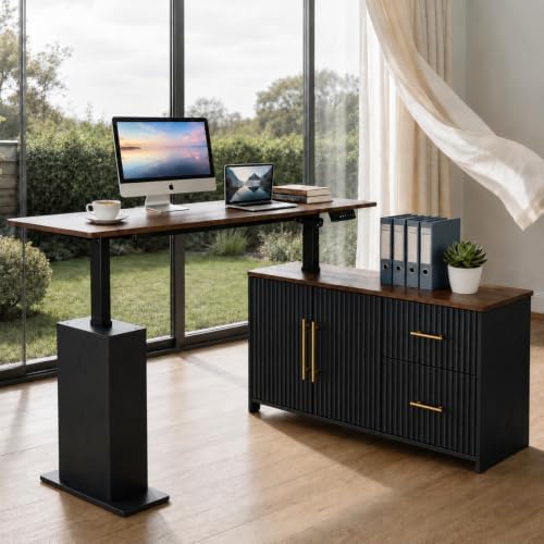 NORTHSKY 55" L-Shaped Electric Standing Desk with Drawers and Storage Cabinet, Height Adjustable Corner Desk for Home Office, 3 Memory Presets (Dark Walnut & Black, Right Cabinet)