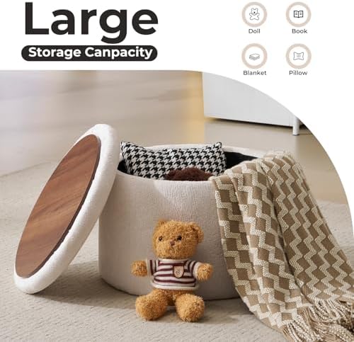 Modern Round Storage Ottoman with Reversible Tray Lid,Chenille Ottoman Foot Stools, Ottoman Footstool with Hidden Storage, Storage Ottoman for Living Room, Multi-Functional Footrest,White