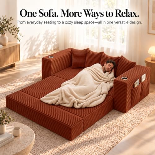 77" Convertible Sofa Bed, Boneless Pull-Out Sleeper Couch, Orange