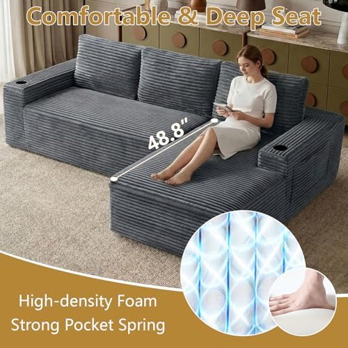 104" Cloud Sectional Couch L-Shaped with Side Pockets Cup Holders, Corduroy Boneless Couch for Living Room,Upholstered Deep-Seat Modular Sectional Sofa, No Assembly Required (Grey,Right Facing Chaise)